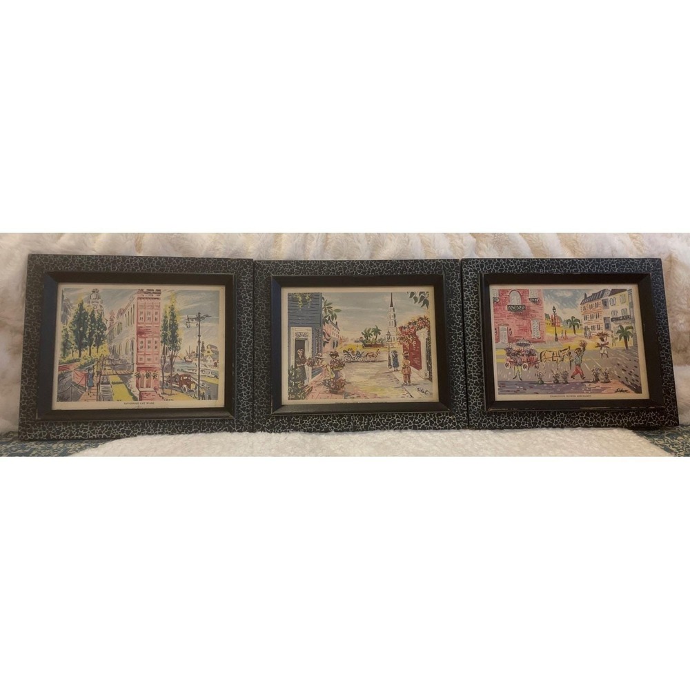 Vintage Original Framed Prints Set Of 3 Sikat Southern Street Scenes Mid Century